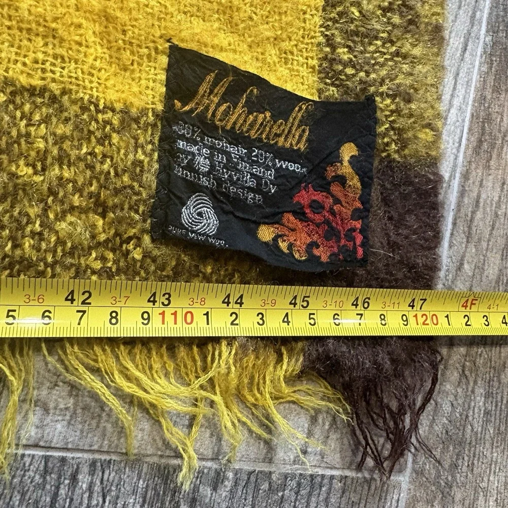 Vtg Mohair & Wool Throw Blanket Yellow Brown Red Fringe 60x48